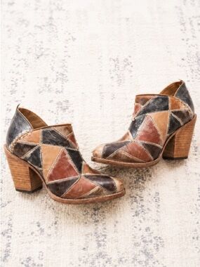 Freebird Patchwork Leather High Block Heel Booties - Brown Multi